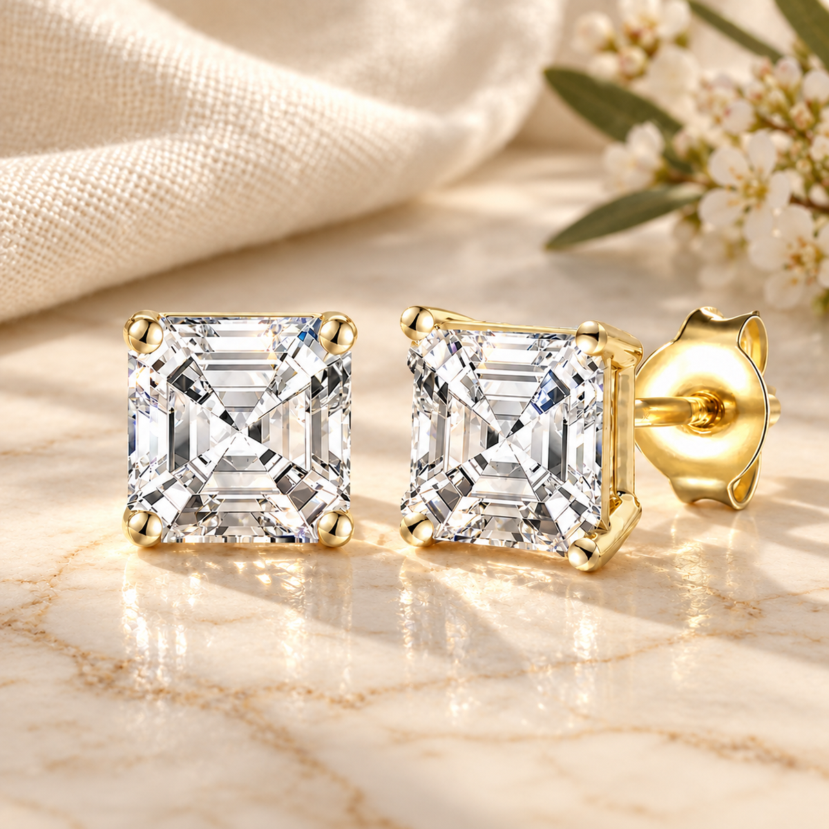 14K Lab Grown Asscher Solitaire Earrings F-G VS1-VS2