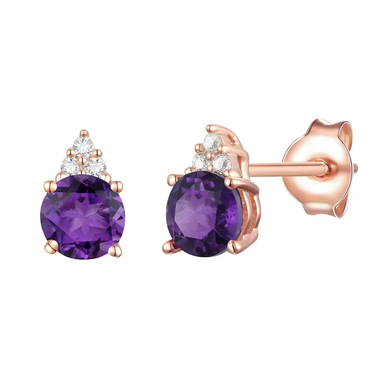 Elegant 14K Gold Stud Earrings with Diamonds and Amethyst – 4.5mm Stone