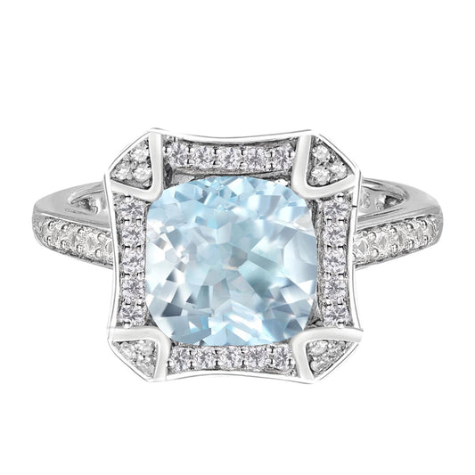 8.0mm Cushion-Cut Aquamarine and 1/4 CT. Diamond Frame Ring in Sterling Silver
