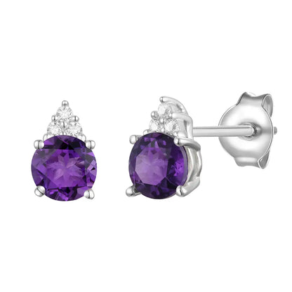 Elegant 14K Gold Stud Earrings with Diamonds and Amethyst – 4.5mm Stone