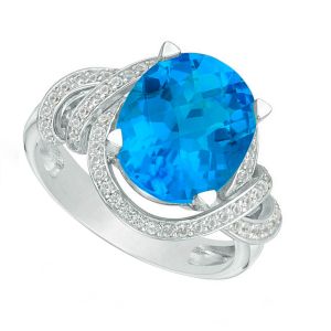 Sterling Silver Oval Blue and White Topaz Frame Spiral Ring  